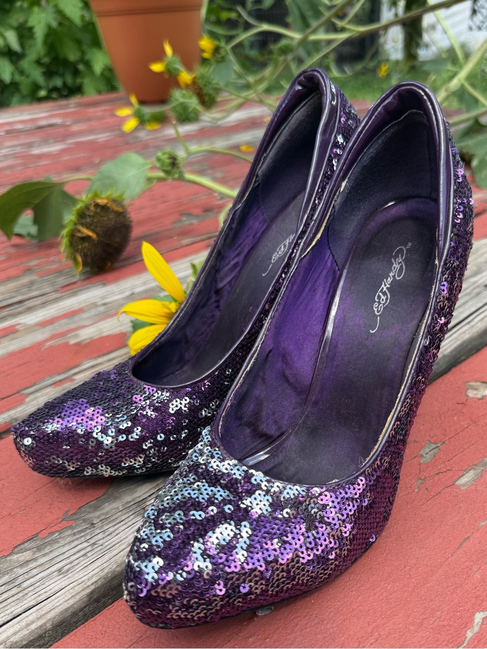 Y2K Ed Hardy Purple Sequin Heels